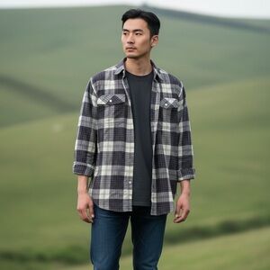 Perry Ellis NEW 90’s DEAD STOCK  Blue Brown Cream Plaid Casual Shirt Size MEDIUM